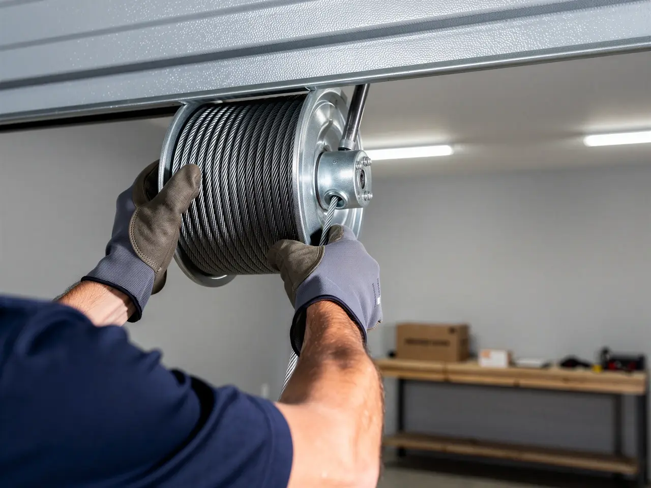 A technician in gloves holds a garage door cable drum with a wound cable.