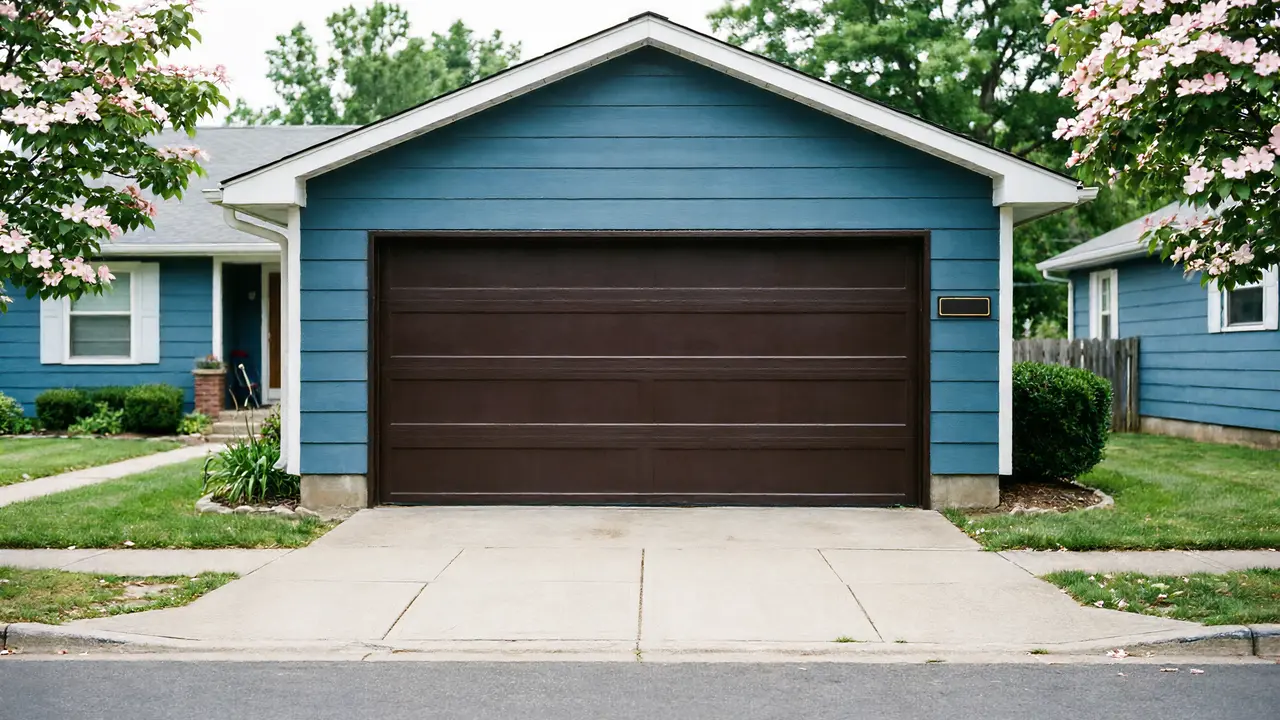 A blue house with a brown garage door and a concrete driveway.