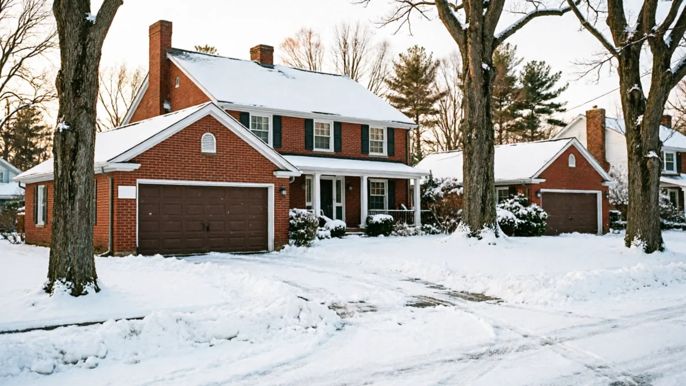 A brick house with a brown garage door and a snow-covered driveway.