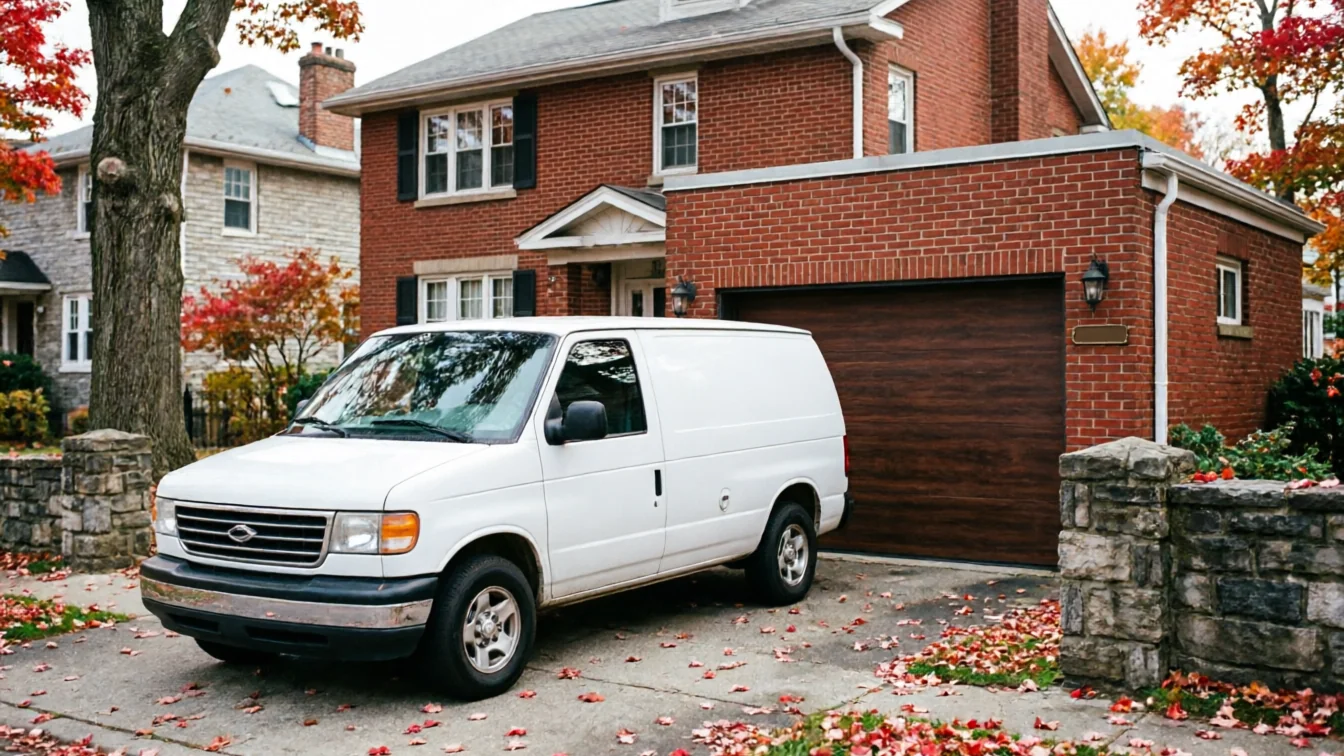 A white van is parked in a driveway next to a brown garage door.