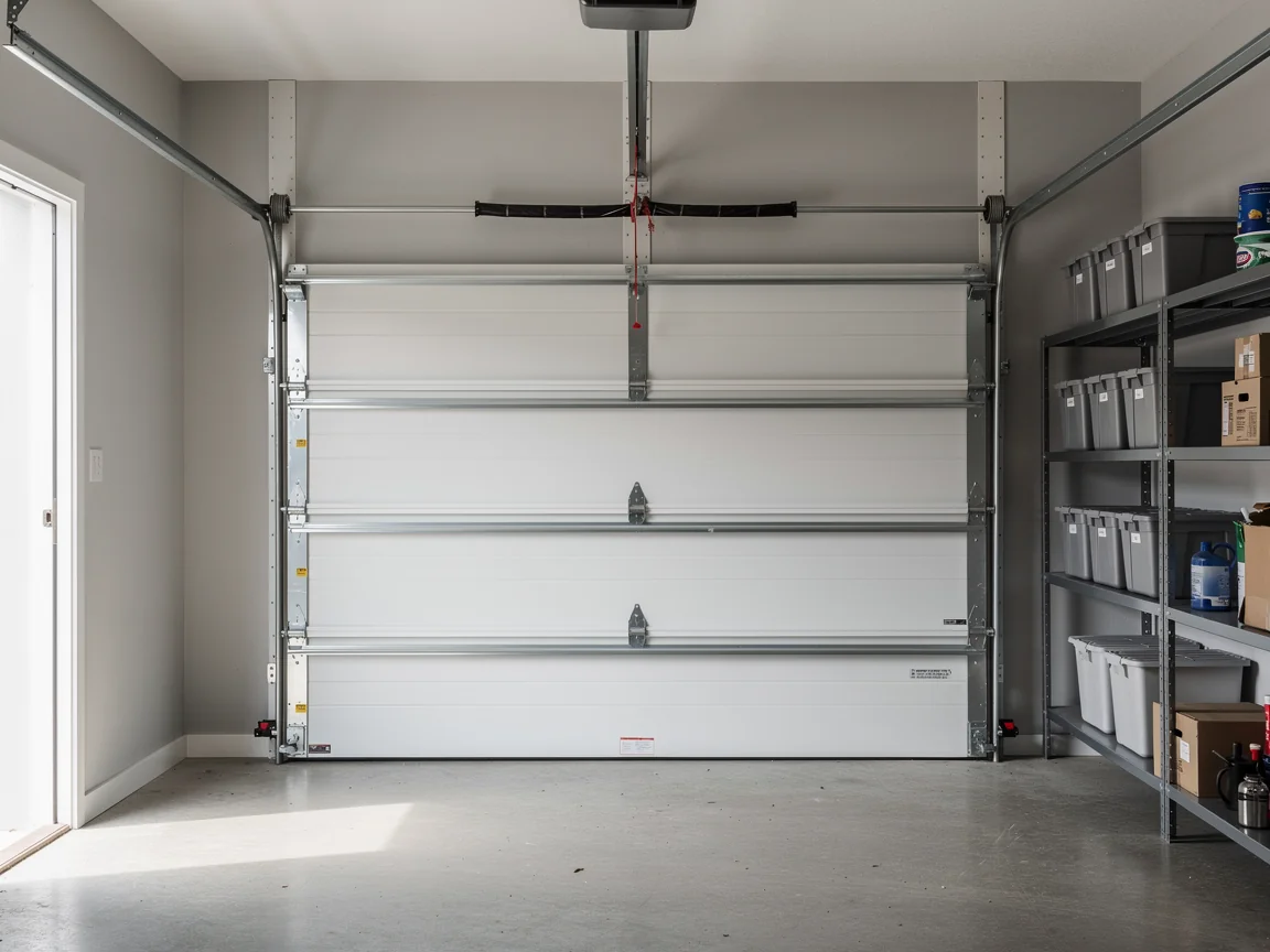 The white garage door is partially open, revealing the interior of a garage with shelves.
