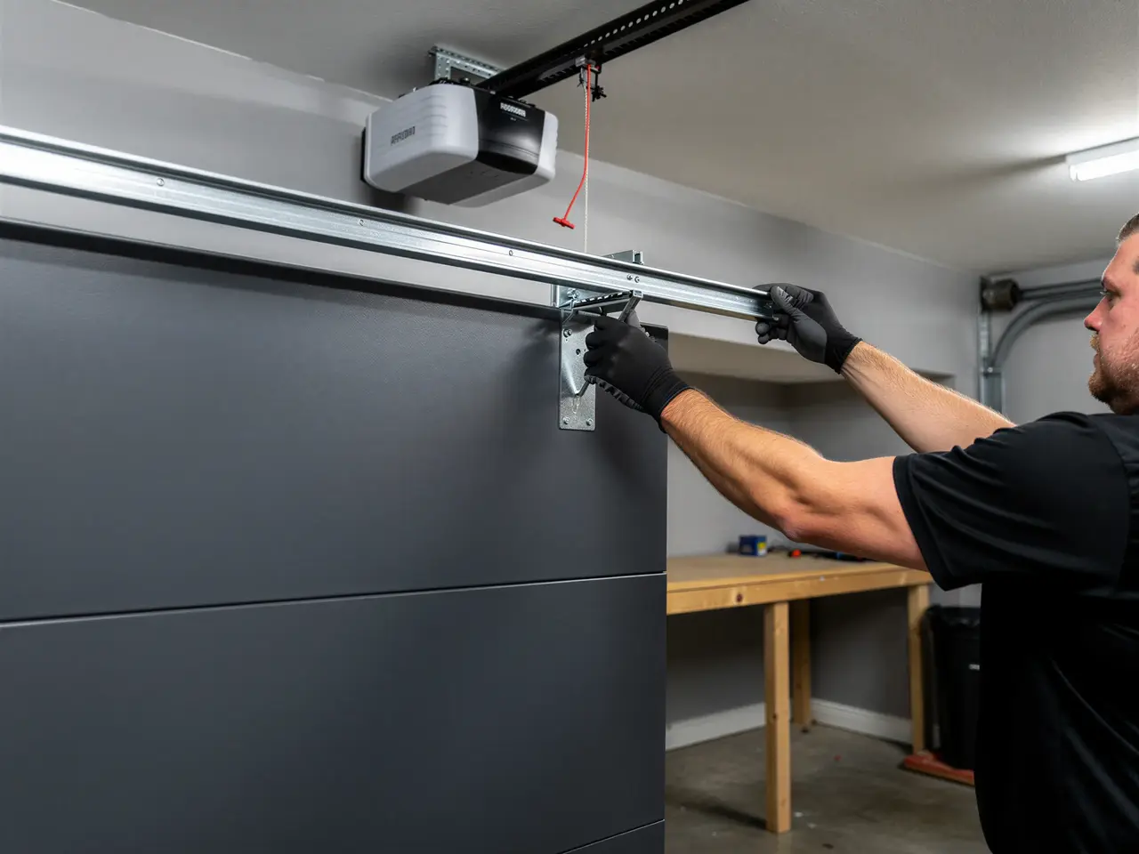 A technician in black gloves installs a garage door opener rail above a gray garage door.