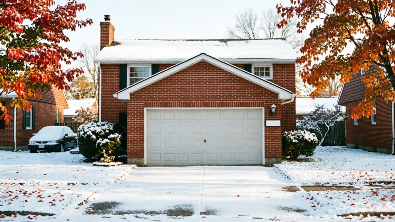 A brick house with a white garage door is covered in snow.
